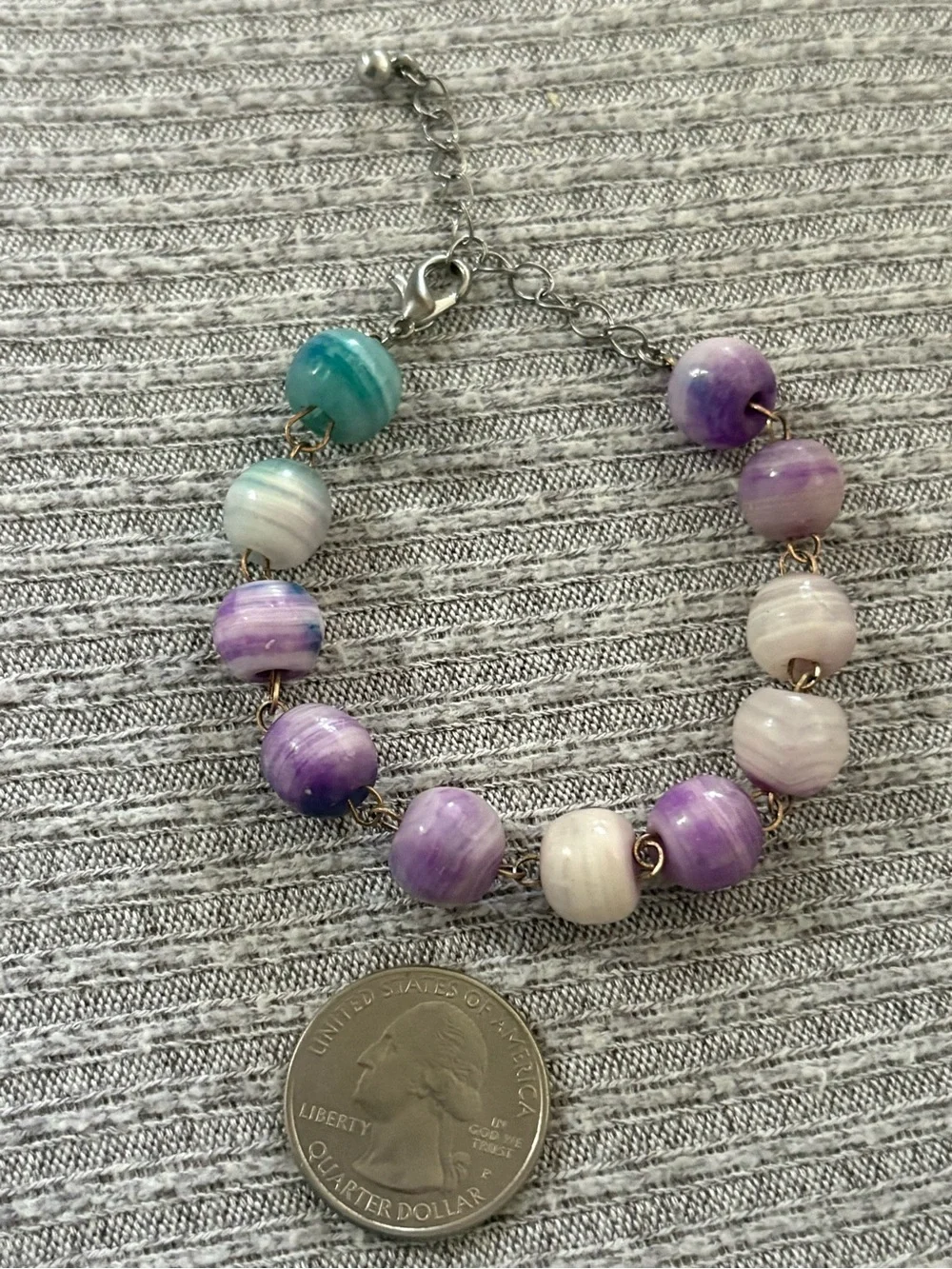 Bohemian theme purple, white & blue swirly beaded adjustable chain bracelet